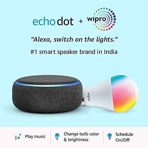 Echo Dot (3rd Gen, Black) + Wipro 9W LED Smart Color Bulb combo – Works with Alexa – Smart Home starter kit
