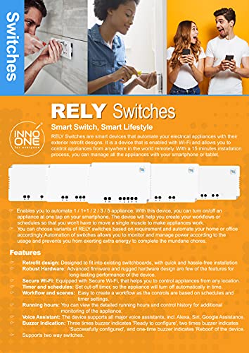 INNO ONE Rely HD Module 1 Switch Controller (16A) for AC, Geyser, Other Heavy appliances. Voice Integration Through Alexa, Google Assistance, Siri
