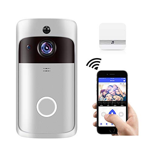 Smart Home WiFi Doorbell 1080P HD Security Camera with Two-Way Audio PIR Motion Detection IR Night Vision 160-Degree Wide Angle Lens Wireless Doorbell XF-IP007H-F Silver with White EU Plug Chime