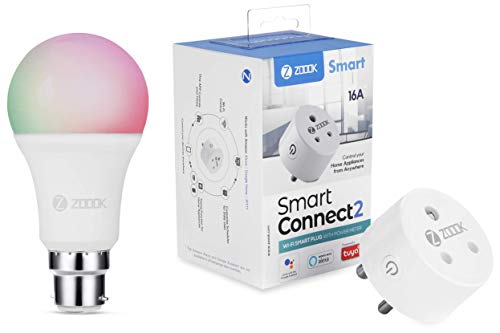 Zoook Shine 9-Watt Smart LED Bulb Compatible with Amazon Alexa and Google Assistant with Smart Connect 16A Wi-Fi Smart Plug with Power Meter(Type M) (No hub Required)
