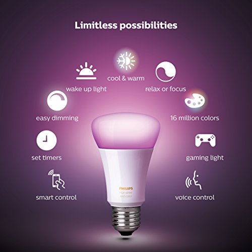 Philips Hue 536474 White and Color Ambiance A19 60W Equivalent LED Smart Light Bulb Starter Kit, 2 A19 Bulbs and 1 Bridge, Compatible with Alexa, Apple HomeKit and Google Assistant