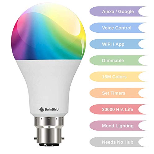 SellnShip B22 Socket Smart LED Bulb Compatible with Alexa WiFi Google Assistant (9 Watt; Warm White and RGB Multicolor) (8.90)