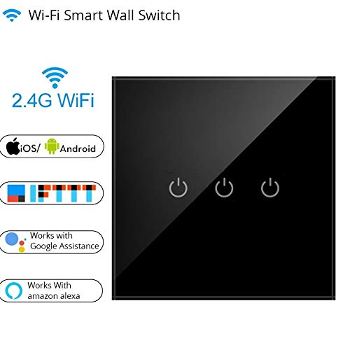 WIFI touch Switch work with Amazon Alexa and Google Assistant for smart home automation_3 Gang_Black Color (Power Button)