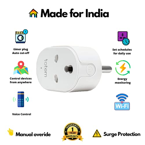 totem 16 Amp Wi-Fi Smart Plug with Energy Monitoring | Automatic Power Cut Off Timer Socket with Programmable Countdown Control Switch- Suitable for High Power/Large Appliances like Geysers, Microwave Ovens, Air Conditioners (Works with Alexa and Google Assistant) – White