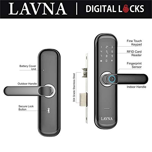 LAVNA Digital Fingerprint/Bluetooth/RFID Card/PIN/Key Unlock Option for Wooden & Metal Doors (Model no. : L-A28)