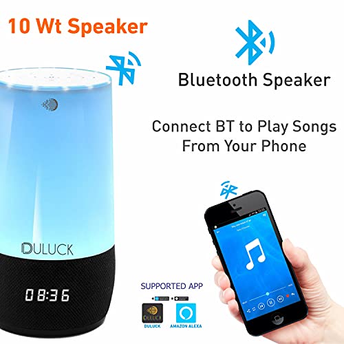 Duluck Smart Wireless Bluetooth Speaker, BT speaker with Alexa built-in. Connect to your phone & play your favorite songs, its 10-Watt speaker produces HI-fidelity rich sound, It has Internet clock with RGB lamp, You can ask it to play New and Old songs for 80’s, 70’s 60’s and more decade less, Voice controls IoT devices, Just ask it to tell you news, weather updates, time and other voice-controlled features, etc, Model (A-104)