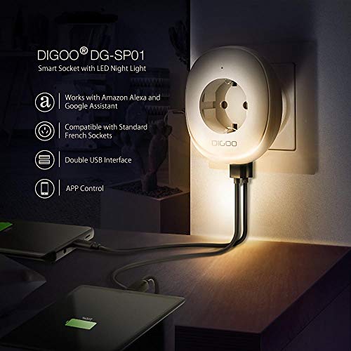 TECHLOGICS – Digoo DG-SP01 Dual USB Interface LED Night Light 10Amps Smart WiFi Socket EU Plug Compatible Smart Life APP Work with Amazon Alexa Google Voice Control