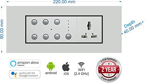 Smarteefi Modular WiFi Smart Switch Board, 3 Switch Control, 1 Fan Speed Control, 1 Smart Plug, Compatible with Alexa & Google Home, White (Size: 6M (220mmx90mmx40mm))