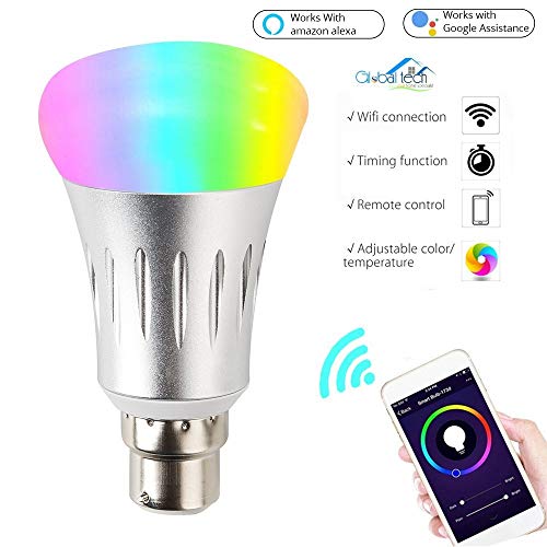 Global Tech_7W Smart Bulb with B22 Base, WiFi Dimmable Multi Colored (16 Million), Compatible with Alexa and Google Assistant_No Hub Required for Smart Home [Silver Color]