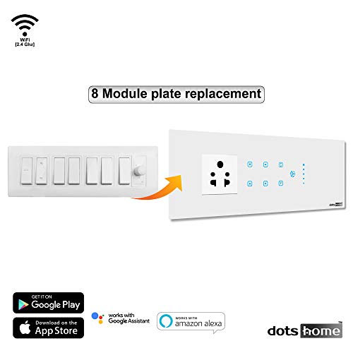 dotsHome WiFi Smart Touch Switch Board | With 4 (6amp) switch, 1 (16amp) for ac switch, 1 (6amp) Two-Way switch, 1 Fan with humming free speed controller | No Hub Required | Compatible with Alexa, Google Home