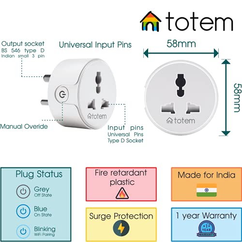totem 10 Amp Wi-Fi Smart Plug | Automatic Power Cut Off Timer Socket with Programmable Countdown Control Switch- Suitable for Low Power Appliances like Mobile & Laptop chargers, TV, Lamp (Works with Alexa and Google Assistant) – White