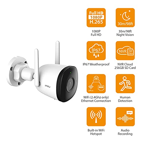 Imou IP 67 Weatherproof Outdoor Bullet Security Camera, 1080P Full HD, Night Vision, Up to 256GB SD Card, WiFi & Ethernet Connection, Human Detection, H.265,Audio Recording, Alexa Google Assistant