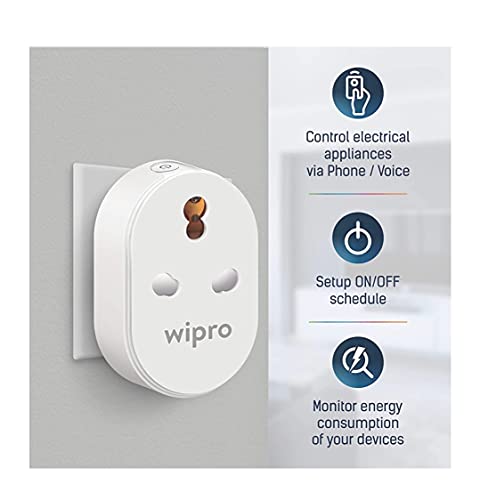 Wipro 16A Wi-Fi Smart Plug with Energy Monitoring- Suitable for Large Appliances Like Geysers, Microwave Ovens, Air Conditioners (Compatible with Alexa and Google Assistant)- White