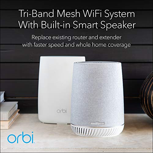 NETGEAR Orbi Tri-Band Whole Home Mesh WiFi System with Built-in Smart Speaker and 3Gbps Speed (RBK50V) – Router Covers Up to 4, 500 Sq. ft. 2-Pack Includes 1 Router & 1 Satellite/Speaker