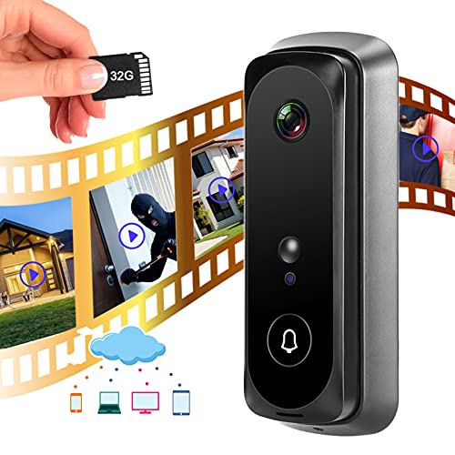 Video Doorbell, 1080P HD LED WDR Smart Night Vision 166 Degree Wide-Angle Lens Doorbell Camera Passive Infrared Detection IP65 Waterproof 6 Mobile Phones Monitoring Wireless Camera Doorbell(Black)