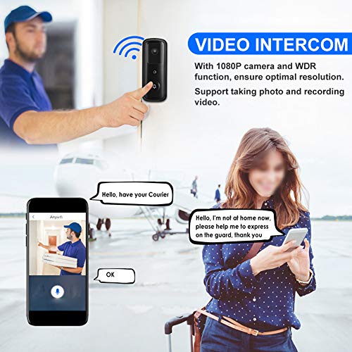 Video Doorphone, Smart Night Vision Waterproof WiFi Video Intercom, 166° Wide-Angle Lens Low Power Consumption Office for 6 Phones Home(Black)