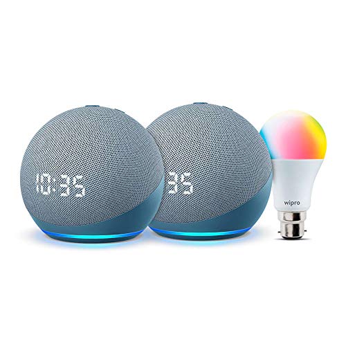 All-new Echo Dot (4th Gen, Blue) with clock gift twin pack with Wipro 9W smart color bulb