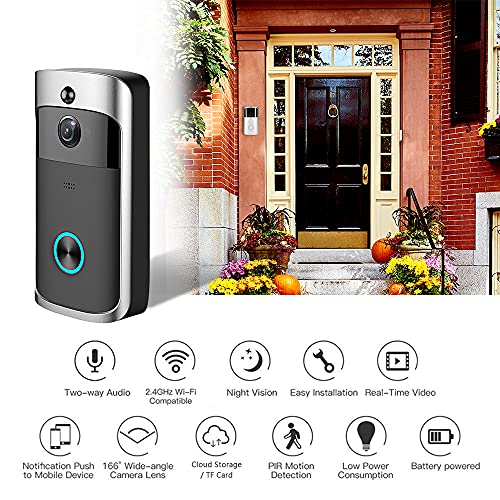 Wireless Video Doorbell 720P Visual Real-time Intercom Wi-Fi Video Bell PIR Detection 2-Way Talk Home Security Camera with 166° Viewing Angle Smart Door Bell Supports Cloud Storage or TF