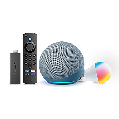 All-new Echo (4th Gen, Blue) combo with Fire TV Stick and Wipro 9W LED smart color bulb