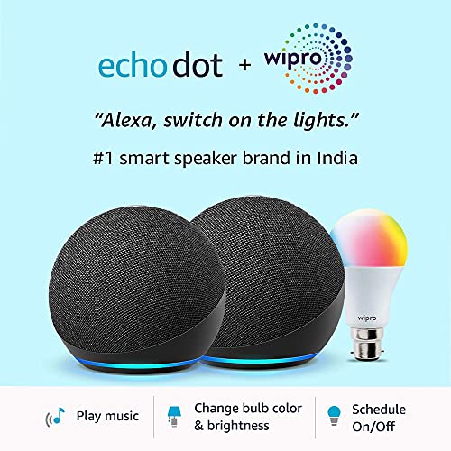 All-new Echo Dot (4th Gen, Black) gift twin pack with Wipro 9W LED smart color bulb