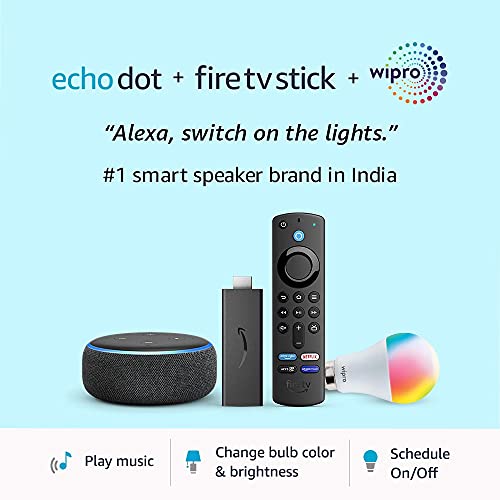 Echo Dot (3rd Gen, Black) combo with Fire TV Stick and Wipro 9W LED smart color bulb