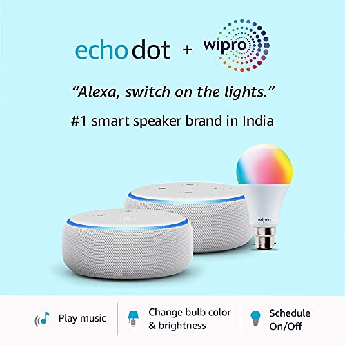 Echo Dot (3rd Gen, White) gift twin pack with Wipro 9W LED smart Bulb
