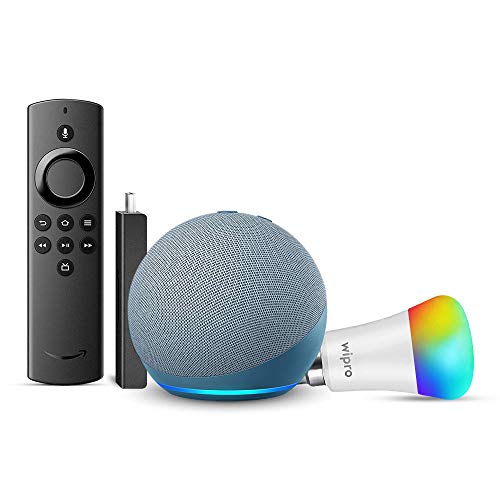 Echo Dot (4th Gen, Blue) bundle with Fire TV Stick Lite and Wipro 9W LED smart color Bulb