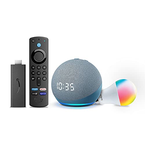 Echo Dot (4th Gen, Blue) with clock combo with Fire TV Stick and Wipro 9W LED smart color Bulb