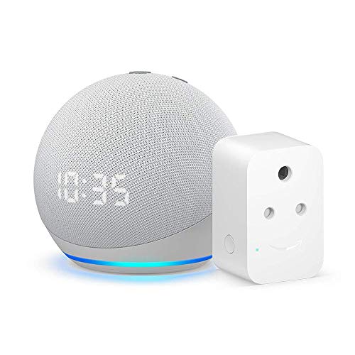 Echo Dot (4th Gen, White) with clock bundle with Amazon 6A Smart Plug – Easy Set-Up