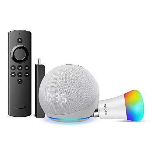 Echo Dot (4th Gen, White) with clock bundle with Fire TV Stick Lite and Wipro 9W LED smart color bulb