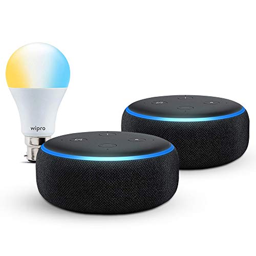 Echo Dot gift twin pack (Black) with Wipro smart white bulb