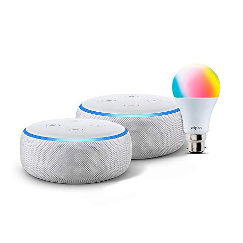 Echo Dot twin pack (White) with Wipro 9W smart bulb