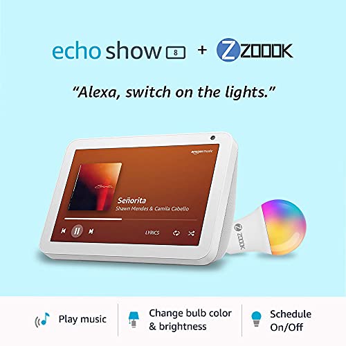 Echo Show 8 (White) bundle with Zoook 9W Smart LED Color Bulb
