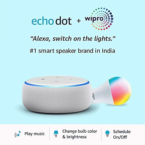 Echo Dot (3rd Gen, White) + Wipro 9W LED Smart Color Bulb combo – Works with Alexa – Smart Home starter kit