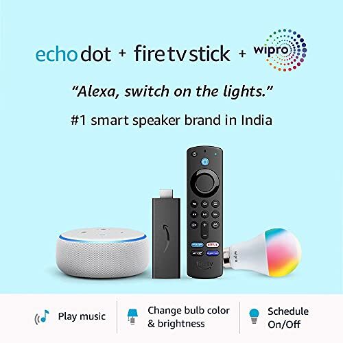 Echo Dot (3rd Gen, White) combo with Fire TV Stick and Wipro 9W LED smart color bulb